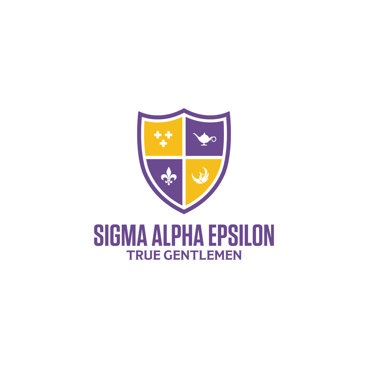 “Sigma Alpha Epsilon fraternity logo with a purple and gold shield divided into four sections showing a cross, lamp, fleur‑de‑lis, and phoenix, above purple text ‘Sigma Alpha Epsilon’ and smaller text ‘True Gentlemen’ on a white background.”