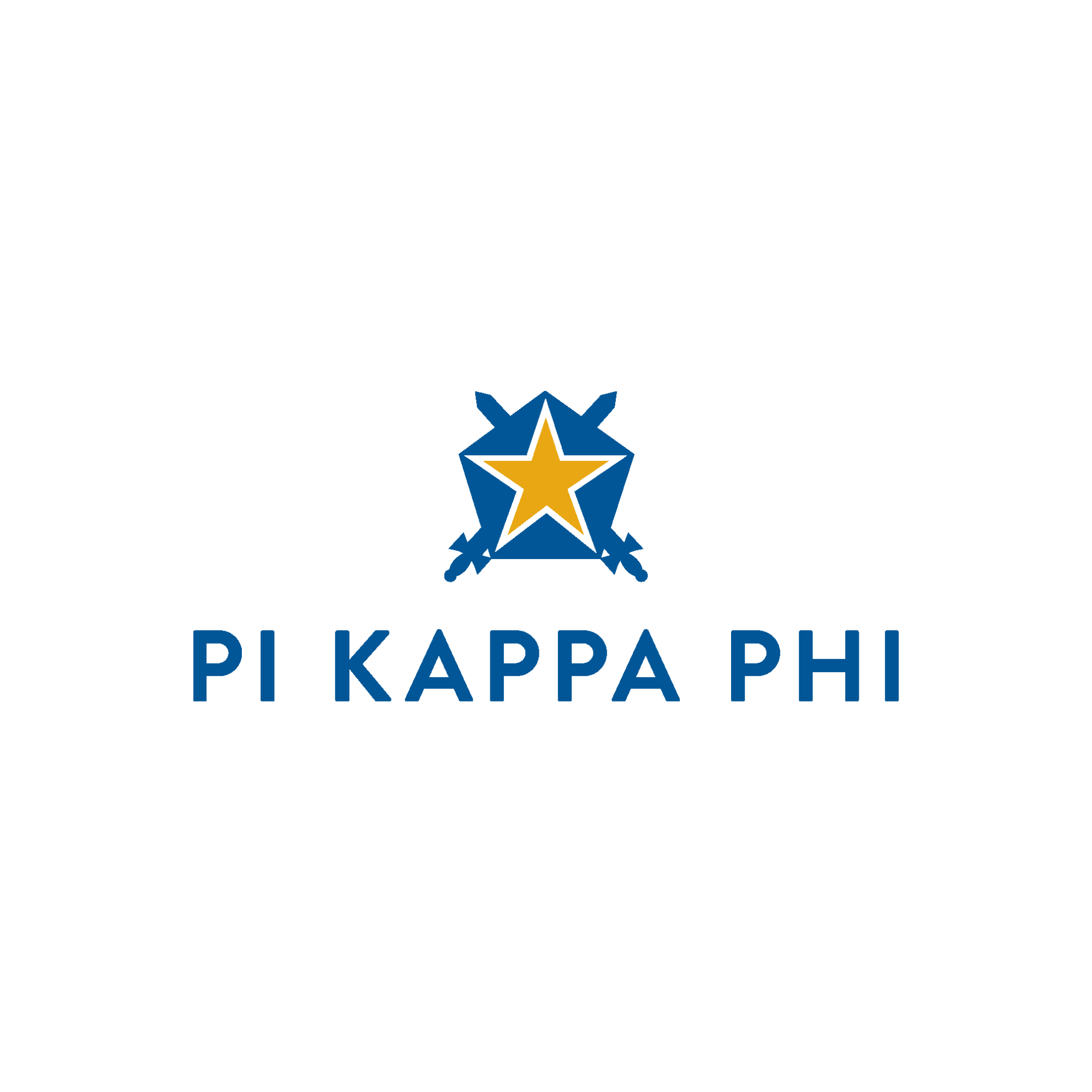 “Pi Kappa Phi Fraternity logo featuring a white star with a gold center on a blue shield with two crossed blue swords behind it, above blue text ‘Pi Kappa Phi’ on a white background.”