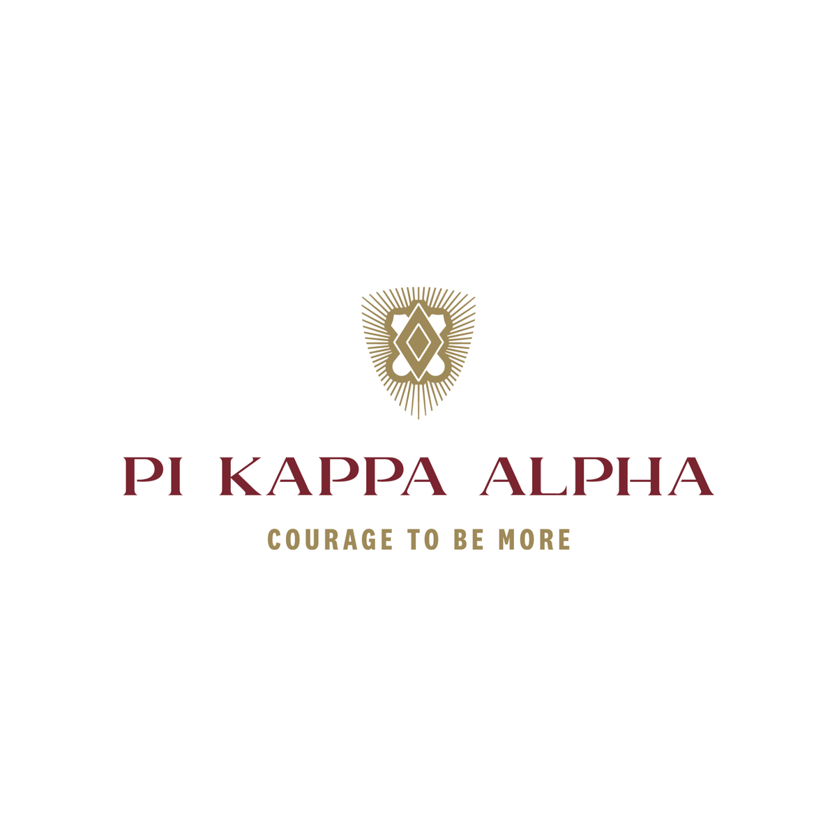 “Pi Kappa Alpha fraternity logo featuring a gold emblem with a diamond shape and radiating lines above maroon text ‘Pi Kappa Alpha’ and smaller gold text ‘Courage to Be More’ centered on a white background.”