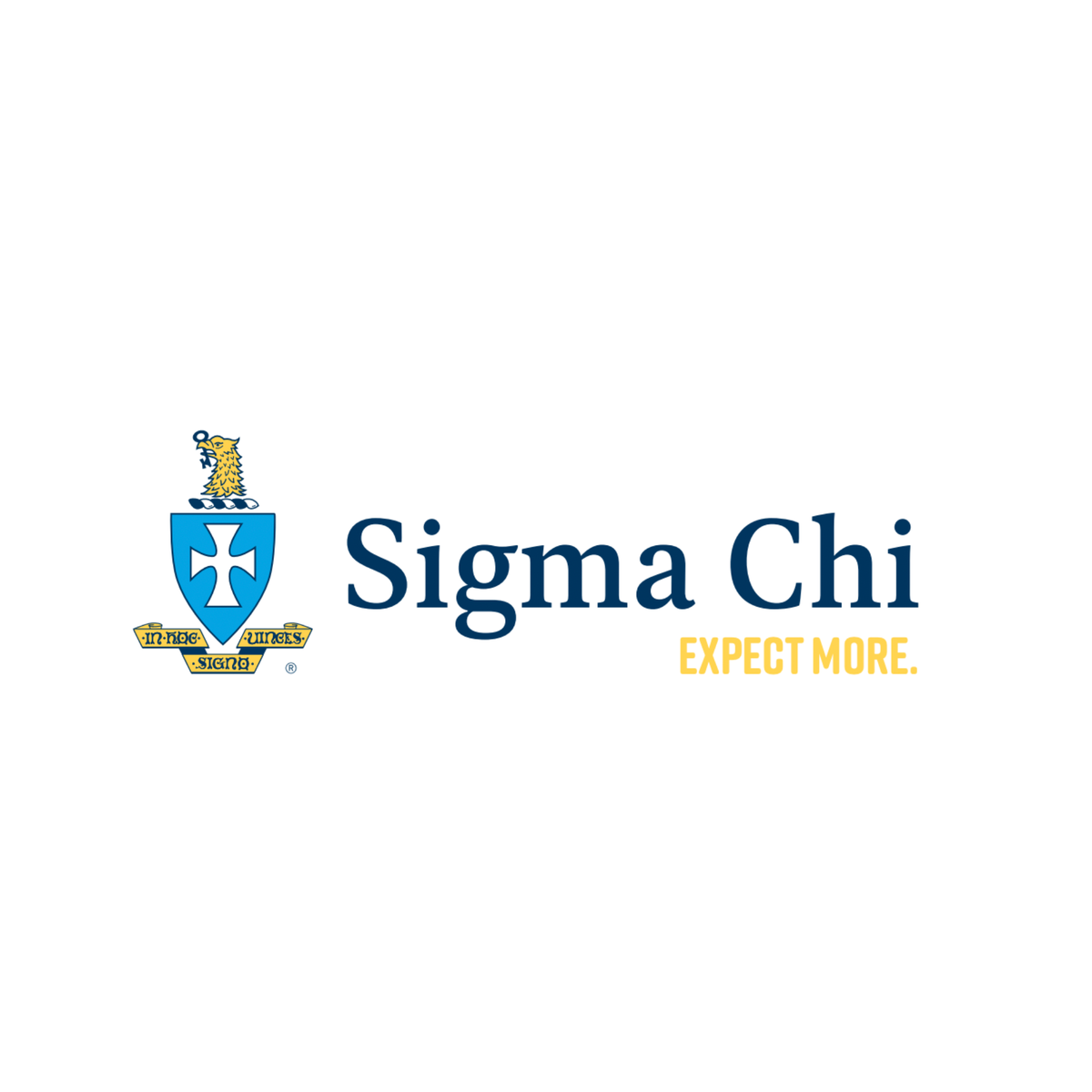 “Sigma Chi fraternity logo showing a blue shield with a white cross and a gold lion above, next to dark‑blue text reading ‘Sigma Chi’ and yellow tagline ‘Expect More.’ on a white background.”