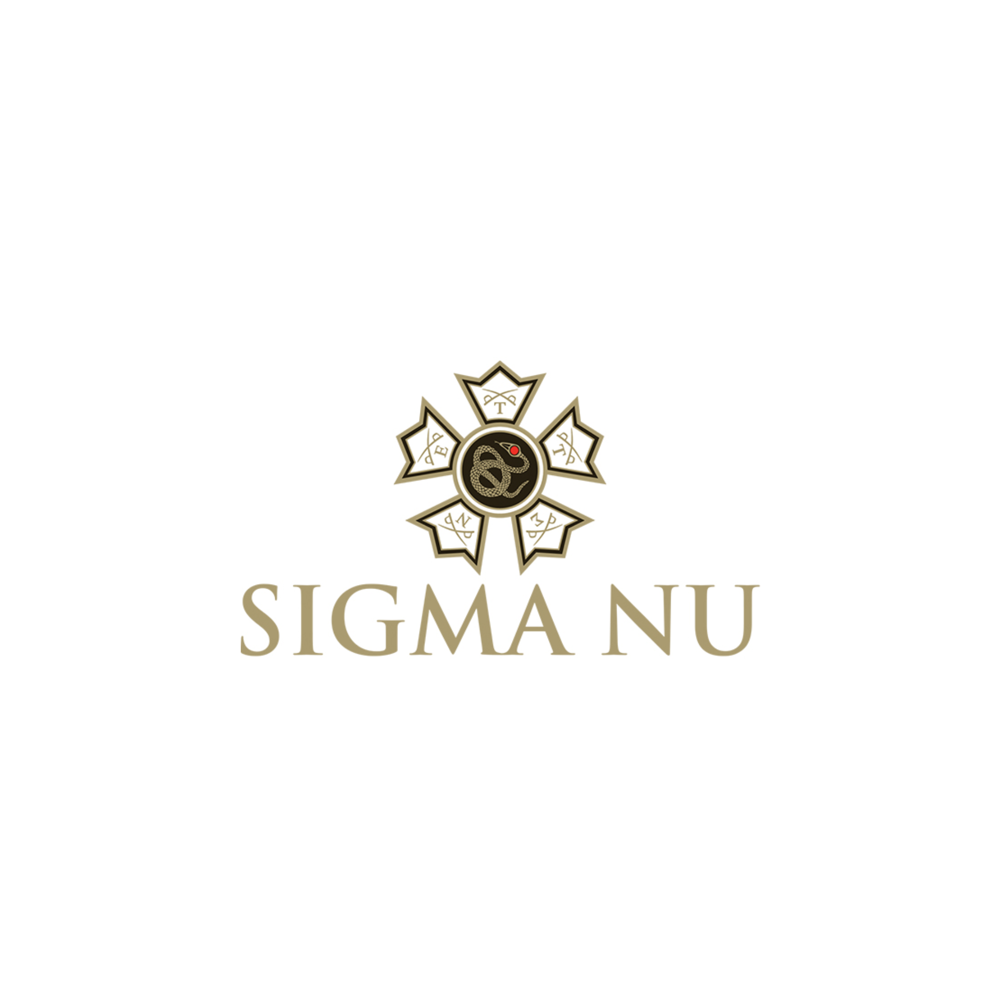 “Sigma Nu fraternity logo featuring a gold star‑shaped emblem with five points, each containing Greek letters and swords, and a central circle with a coiled serpent and red eye, above gold text ‘Sigma Nu’ on a white background.”