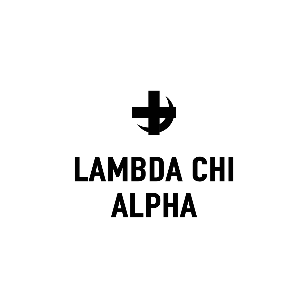 “Black Lambda Chi Alpha fraternity logo showing a bold cross with a crescent shape above the words ‘Lambda Chi Alpha’ in uppercase black letters on a white background.”