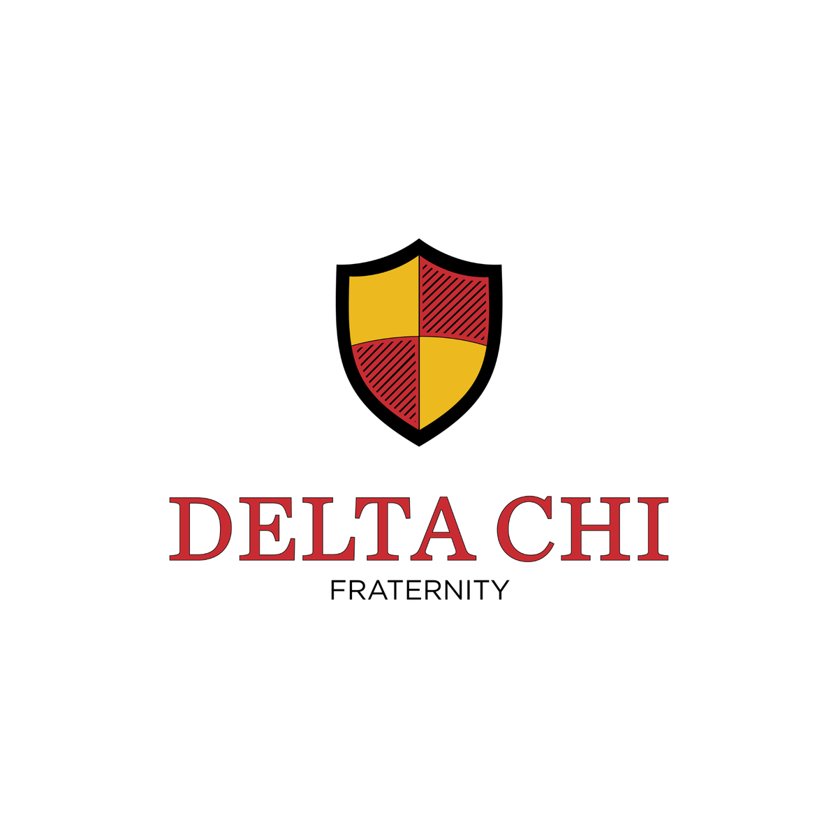 “Delta Chi Fraternity logo featuring a black‑outlined shield divided into four sections with alternating red and gold colors, red areas filled with diagonal hatching, above red text ‘Delta Chi’ and smaller black text ‘Fraternity’ on a white background.”