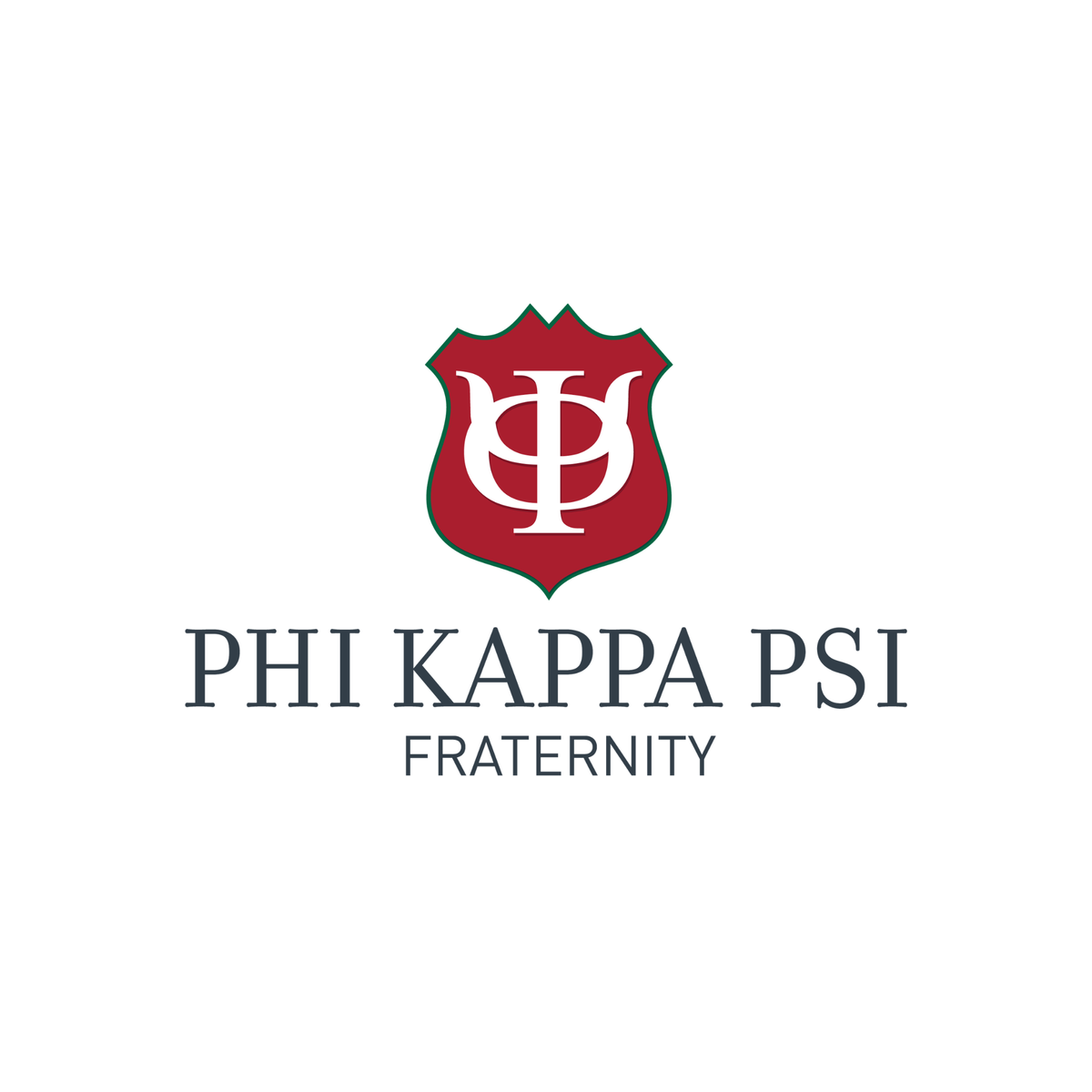 “Phi Kappa Psi Fraternity logo featuring a red shield outlined in green with white intertwined Greek letters Phi and Psi in the center, above dark gray text ‘Phi Kappa Psi’ and smaller text ‘Fraternity’ on a white background.”