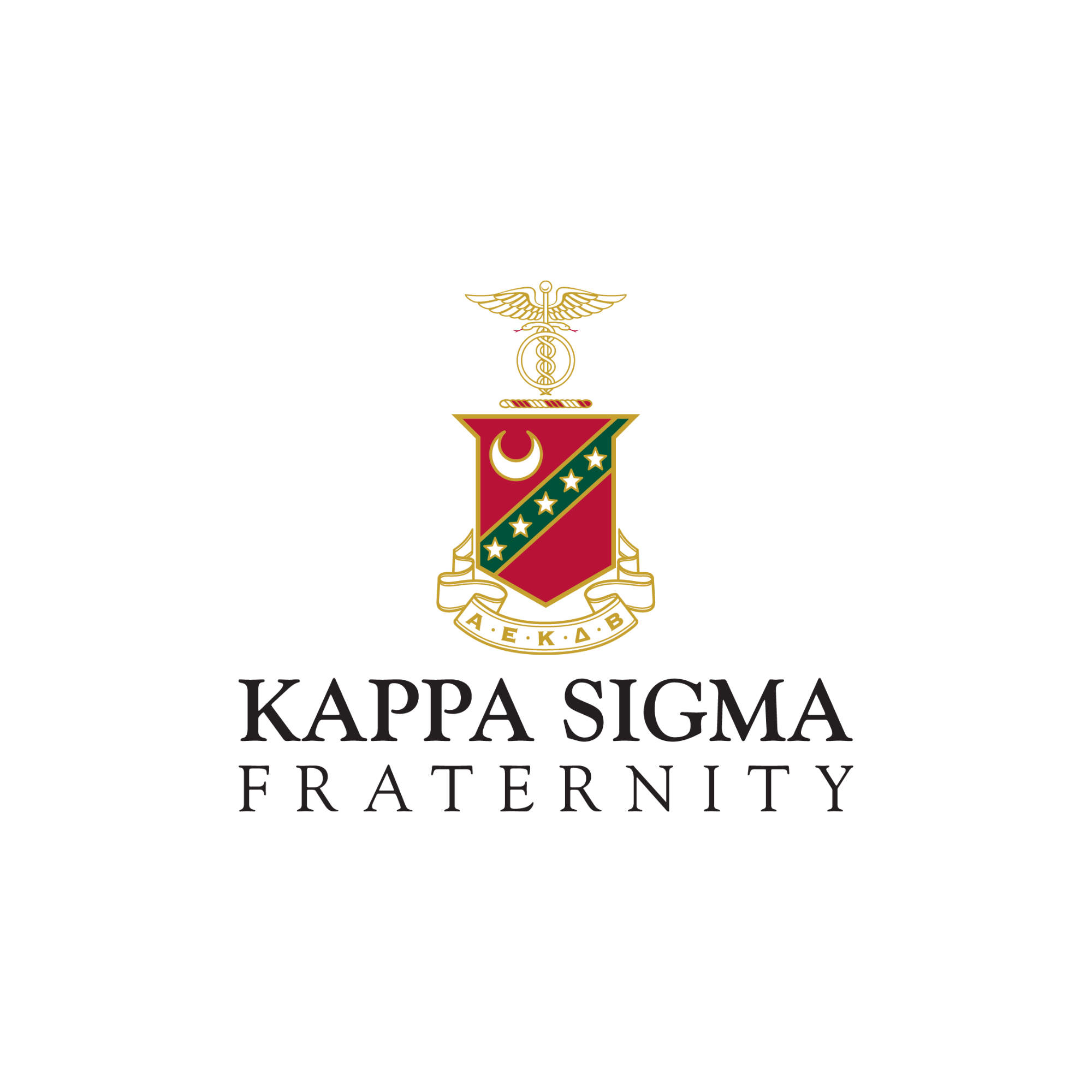 “Kappa Sigma Fraternity logo with a gold caduceus above a red and green shield with a diagonal band of five gold stars and a crescent moon, bordered in gold with Greek letters on a ribbon, above black text ‘Kappa Sigma Fraternity' on a white background."