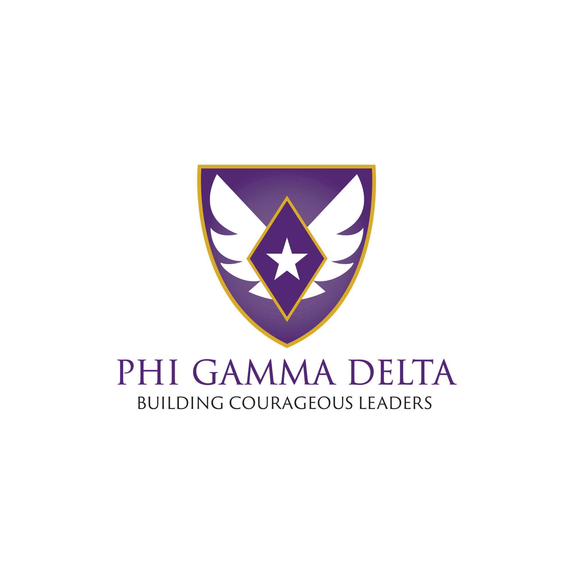 “Phi Gamma Delta fraternity logo with a purple and gold shield featuring white wings and a diamond containing a white star, above purple text ‘Phi Gamma Delta’ and smaller black text ‘Building Courageous Leaders’ on a white background.”