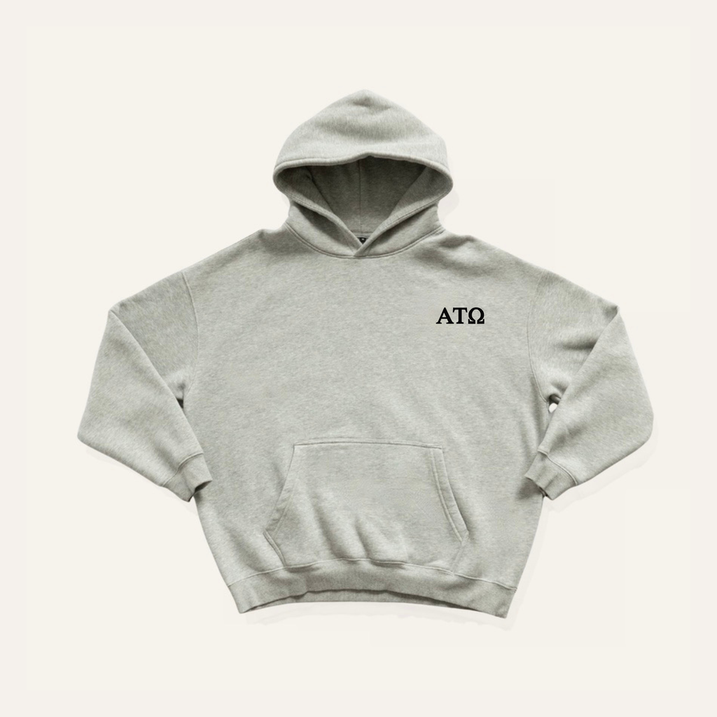 Light gray hoodie on a cream background with 'Alpha Tau Omega' greek letters in black on the left side chest.