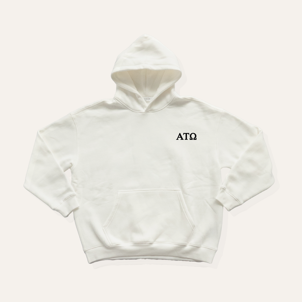 White hoodie on a cream background with 'Alpha Tau Omega' greek letters in black on the left side chest.