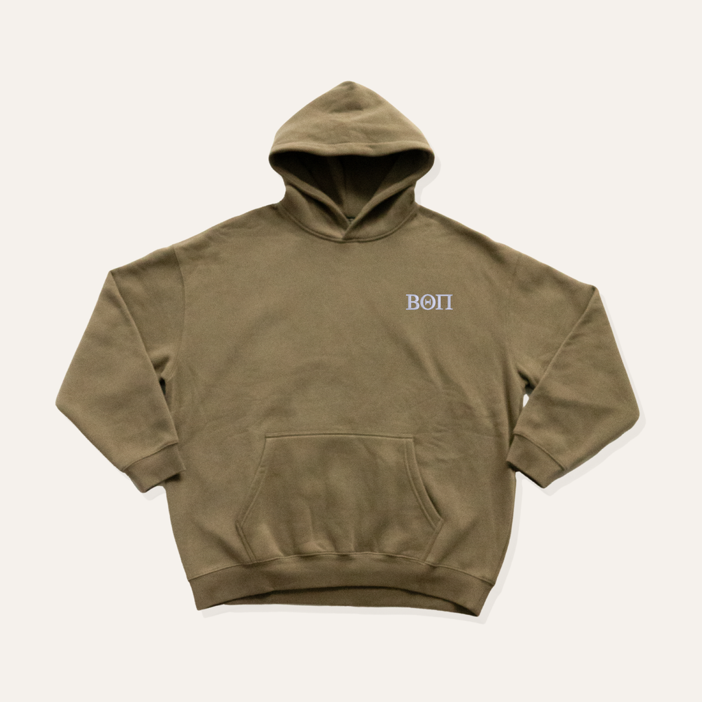 Olive green/brown hoodie on a cream background with 'Beta Theta Pi' greek letters in white on the left side chest.