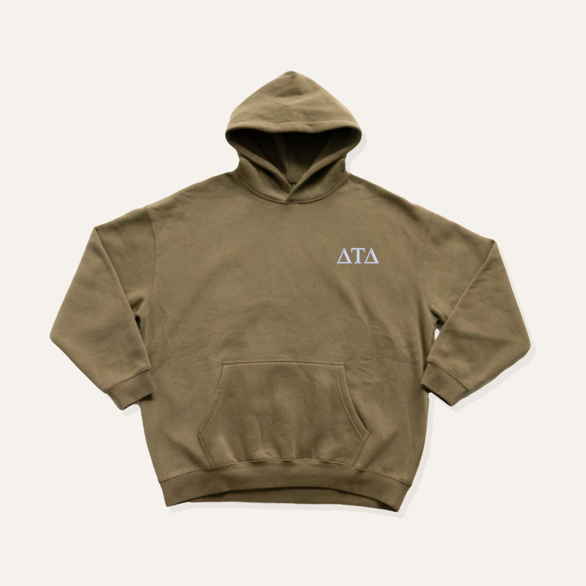 Olive green/brown hoodie on a cream background with 'Delta Tau Delta' greek letters in white on the right side chest.
