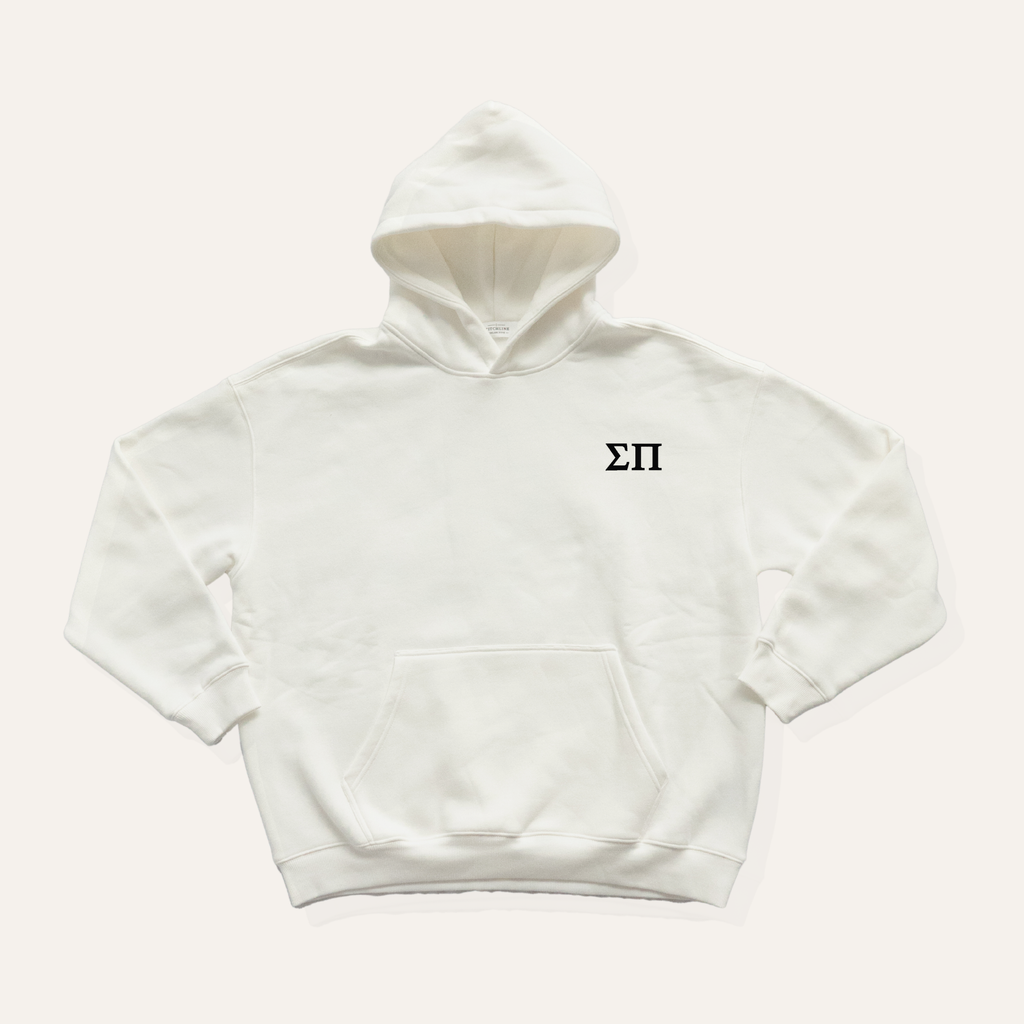 White hoodie on a cream background with 'Sigma Pi' greek letters in black on the left side chest.