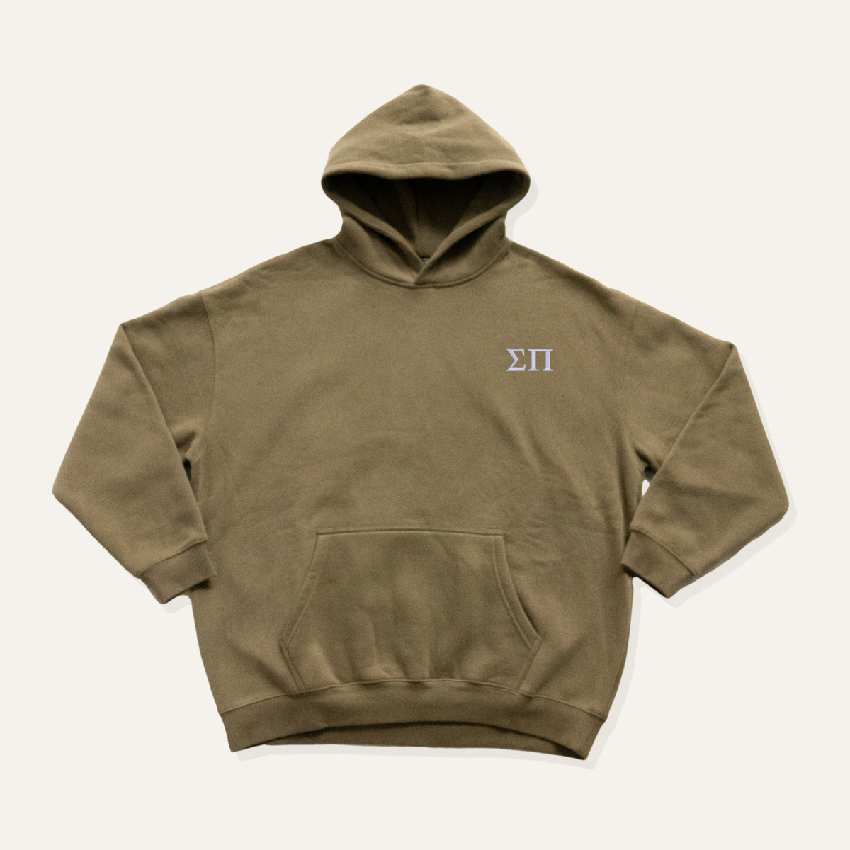 Olive green/brown hoodie on a cream background with 'Sigma Pi' greek letters in white on the left side chest.