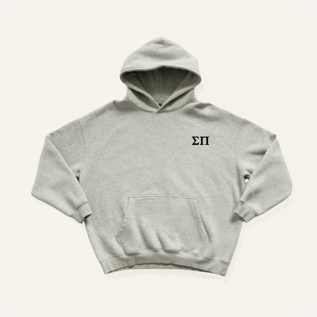 Heather gray hoodie on a cream background with 'Sigma Pi' greek letters in black on the left side chest.