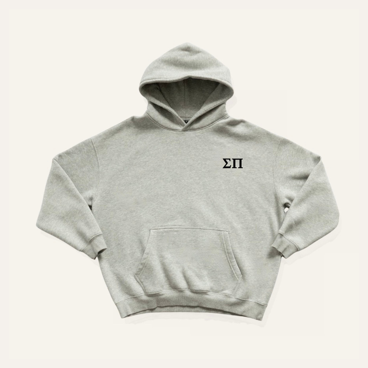 Heather gray hoodie on a cream background with 'Sigma Pi' greek letters in black on the left side chest.