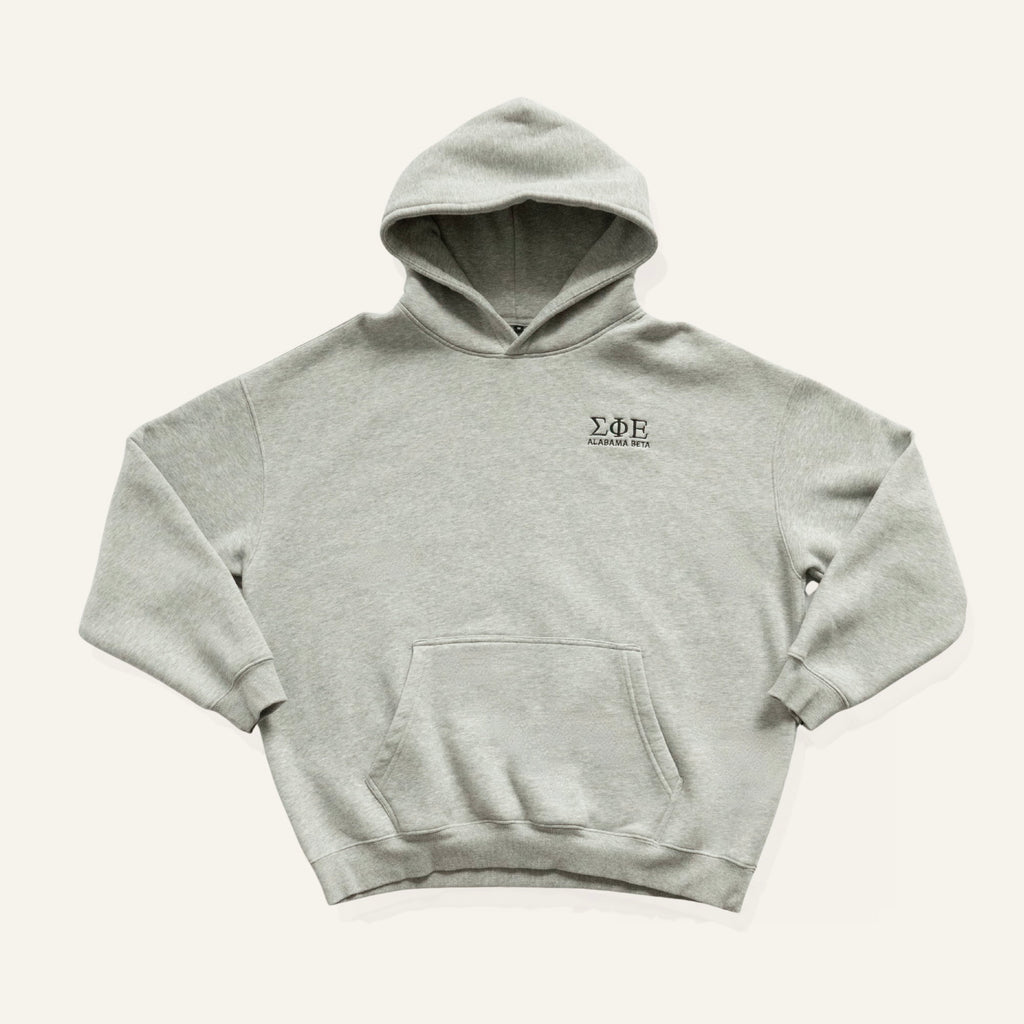Heather grey sweatshirt with embroidered "Sigma Phi Epsilon" greek letters and "Alabama Beta" on a white background