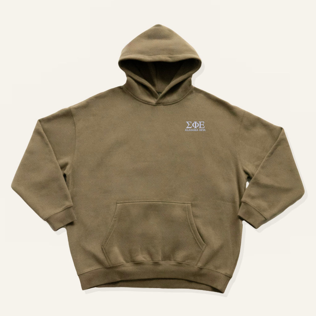 Grey-brown sweatshirt with embroidered "Sigma Phi Epsilon" greek letters and "Alabama Beta" on a white background