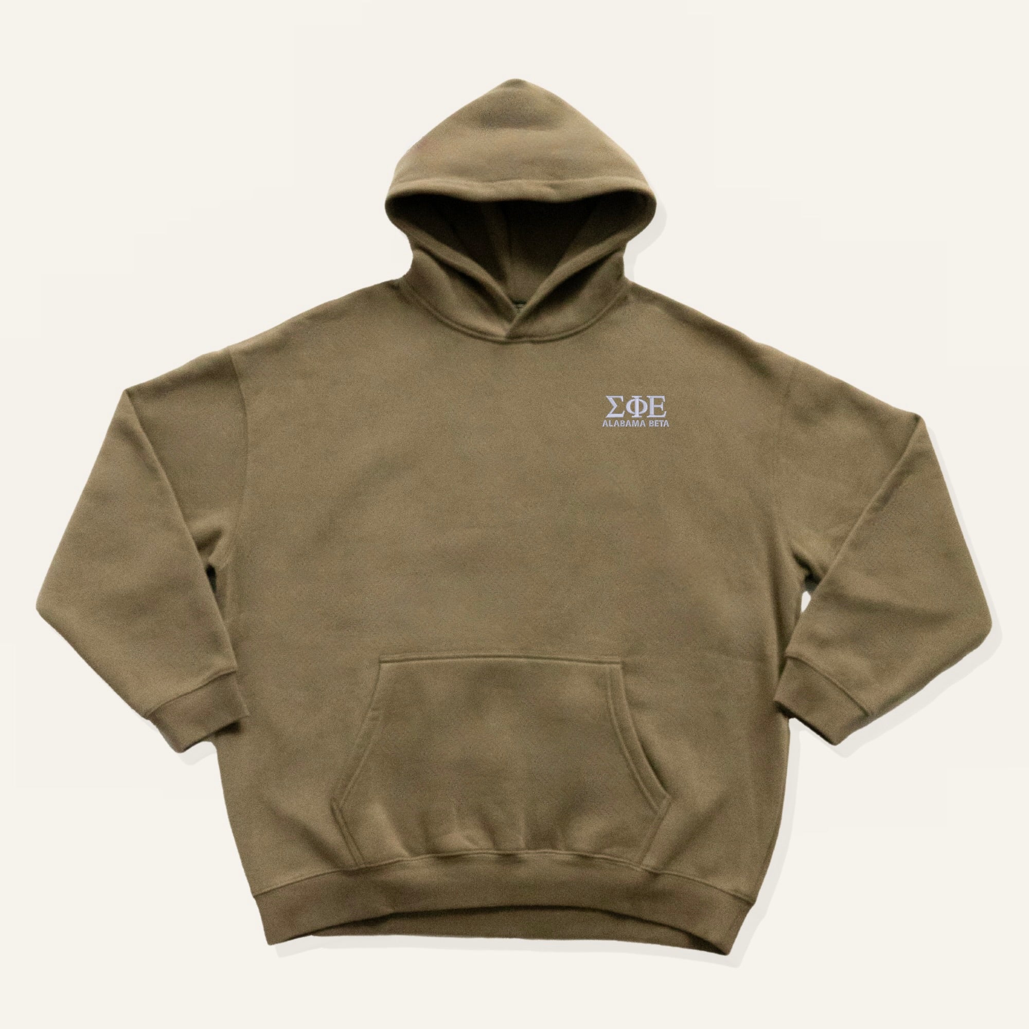 Grey-brown sweatshirt with embroidered "Sigma Phi Epsilon" greek letters and "Alabama Beta" on a white background
