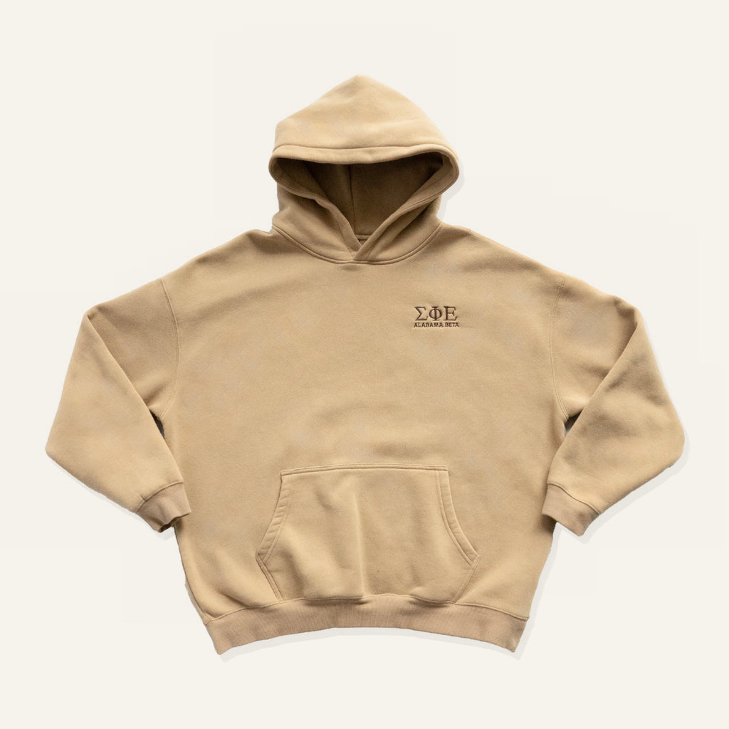 Beige sweatshirt with embroidered "Sigma Phi Epsilon" greek letters and "Alabama Beta" on a white background