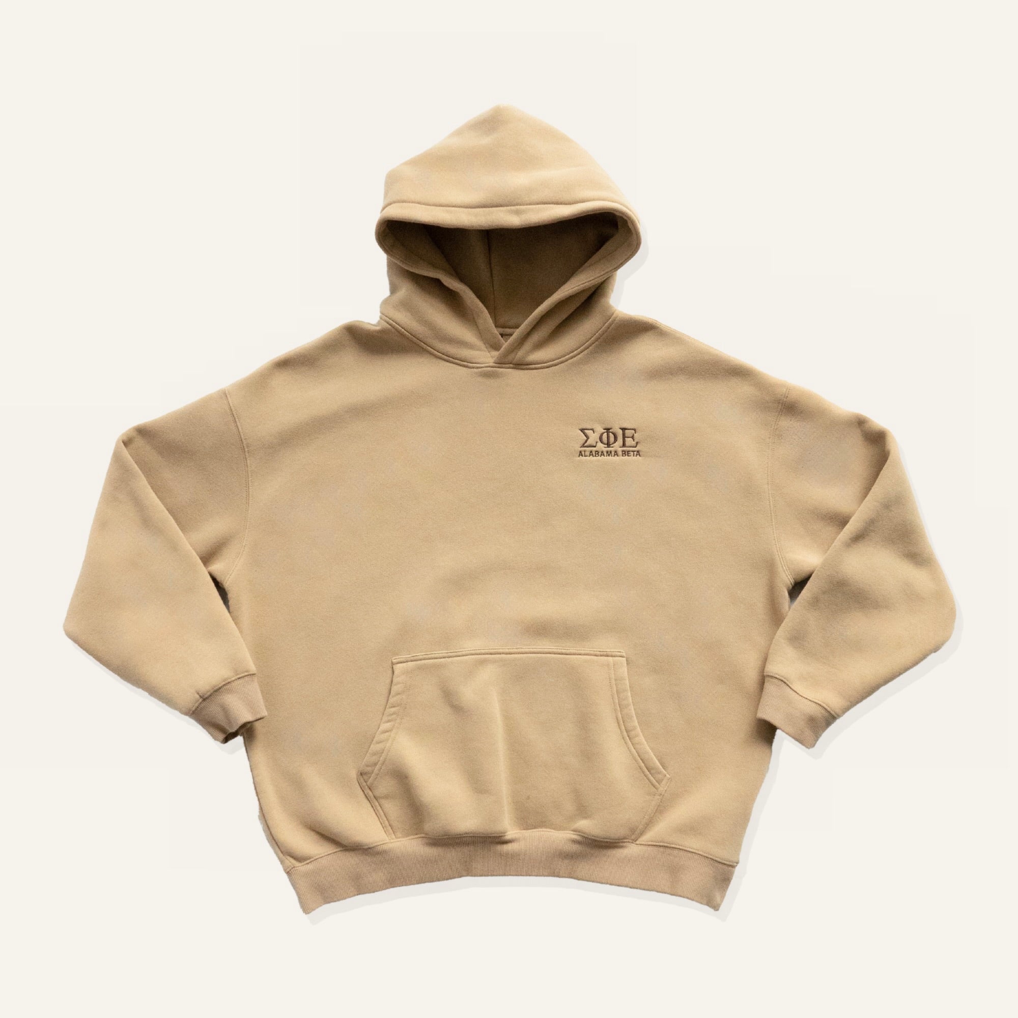 Beige sweatshirt with embroidered "Sigma Phi Epsilon" greek letters and "Alabama Beta" on a white background