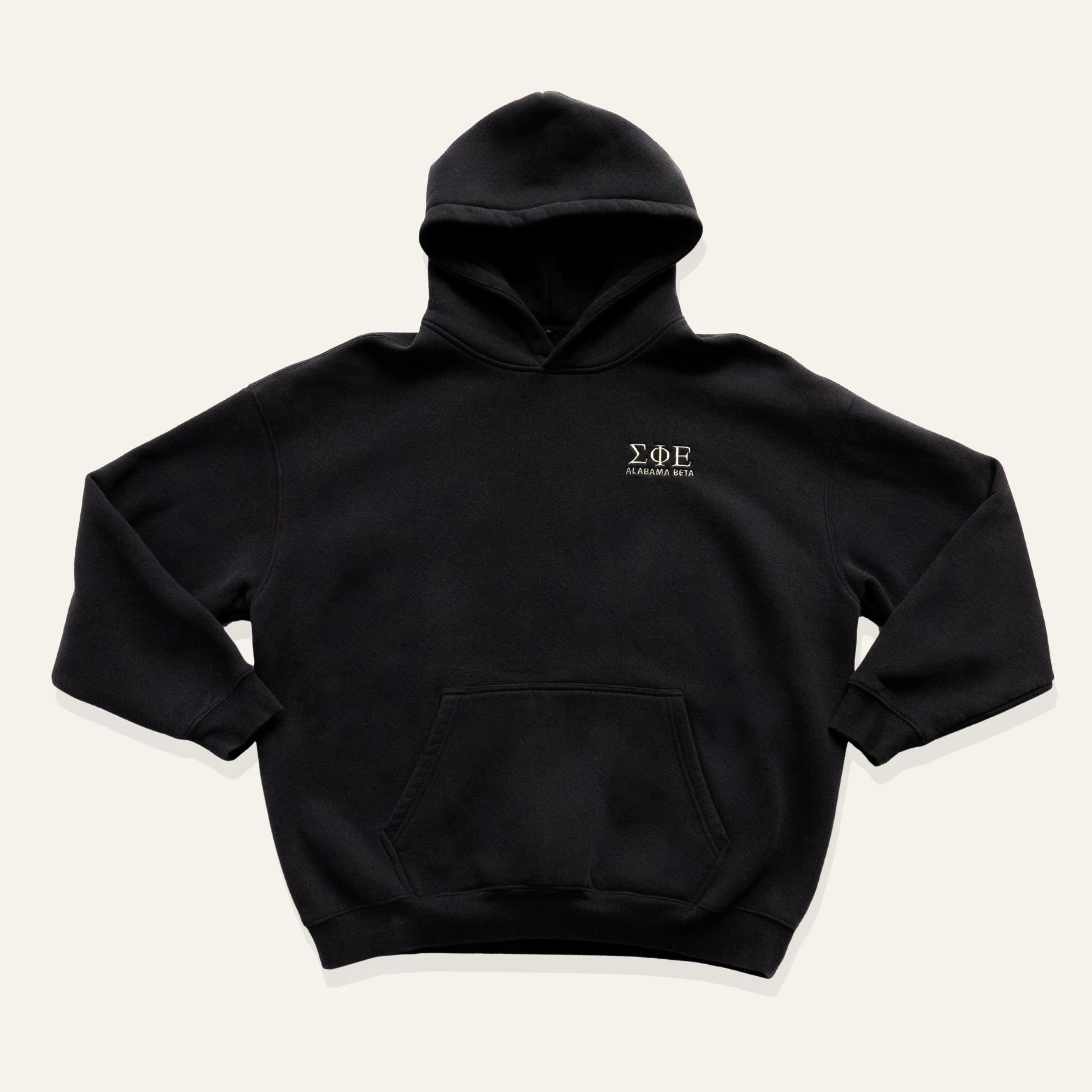 Black sweatshirt with embroidered "Sigma Phi Epsilon" greek letters and "Alabama Beta" on a white background