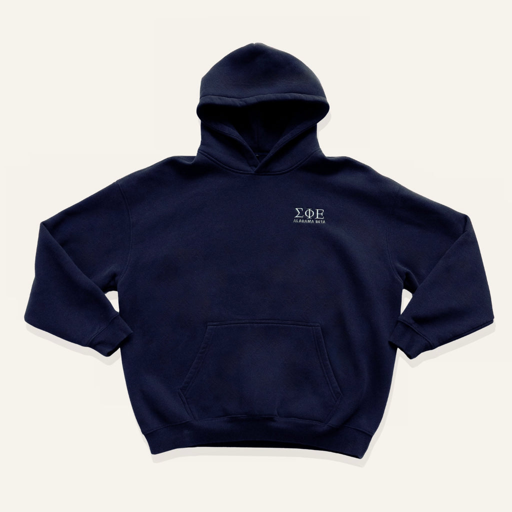 Navy sweatshirt with embroidered "Sigma Phi Epsilon" greek letters and "Alabama Beta" on a white background