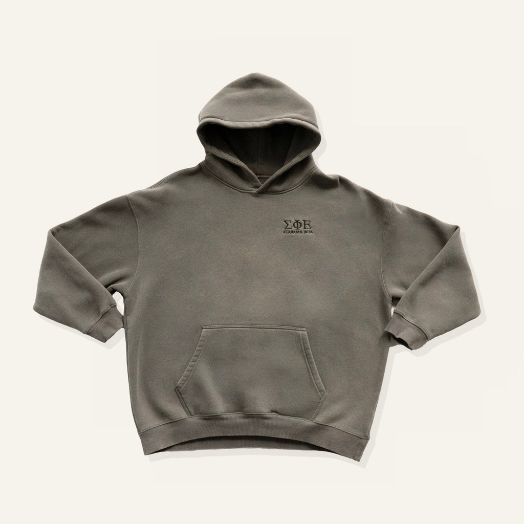 Grey sweatshirt with embroidered "Sigma Phi Epsilon" greek letters and "Alabama Beta" on a white background