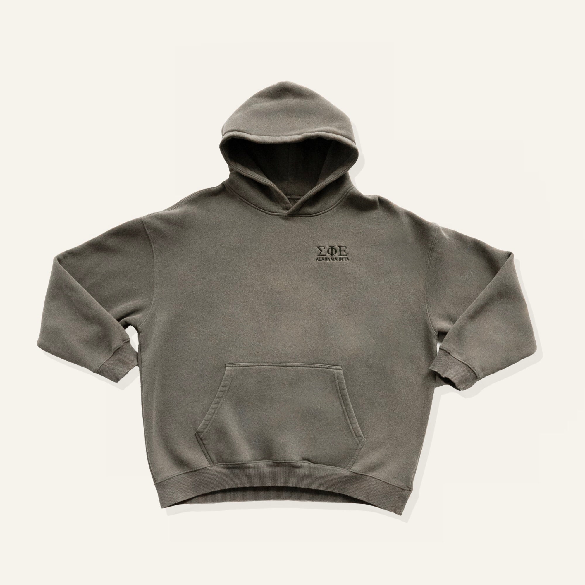 Grey sweatshirt with embroidered "Sigma Phi Epsilon" greek letters and "Alabama Beta" on a white background