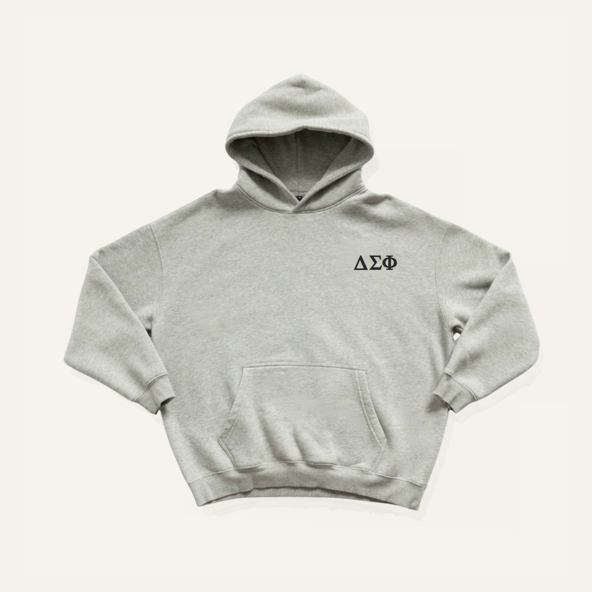 Heather grey hoodie on a cream background with 'Delta Sigma Phi' greek letters in black on the right side chest.